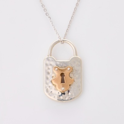 Tiffany & Co, Sterling Silver / 18ct Rose Gold Padlock Pendant on 58cm Sterling Silver, Cable Link Chain