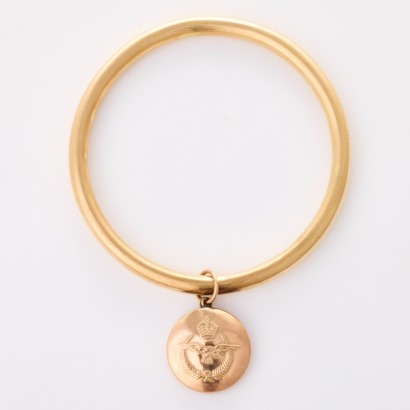 9ct Yellow / Rose Gold, Vintage, 5.6mm Wide Round Hollow Bangle with Locket Charm