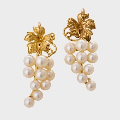 14ct Yellow Gold, Pearl Drop Grape Vine Design Earrings
