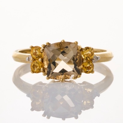 9ct Yellow Gold, Modern, Cushion Cut Smokey Quartz / Citrine / 0.01ct Diamond Dress Ring