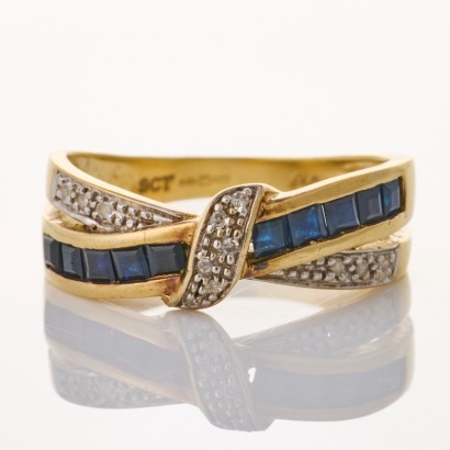 9ct Yellow Gold, Modern, Dark Blue Sapphire / 0.05ct Diamond Dress Ring