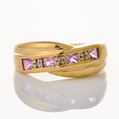 9ct Yellow Gold, Modern, Pink Sapphire / 0.02ct Diamond Dress Ring