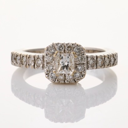 18ct White Gold, 0.35ct Princess Cut Diamond / 0.40ct Diamond Cluster Ring