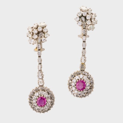 Nickel Based White Alloy, 1.75ct Pink Sapphire / 4.76ct Diamond Drop Earrings