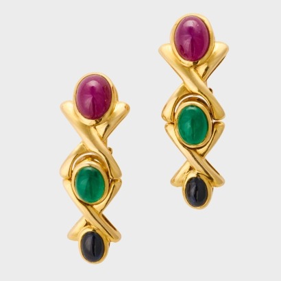 14ct Yellow Gold, 3.63ct Ruby / 1.44ct Emerald / 1.07ct Sapphire Multi-Gemstone Earrings