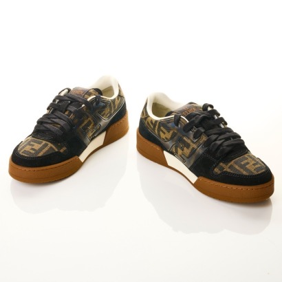 Fendi, Brown Match FF Jacquard Canvas Trainers with Box, Size 37