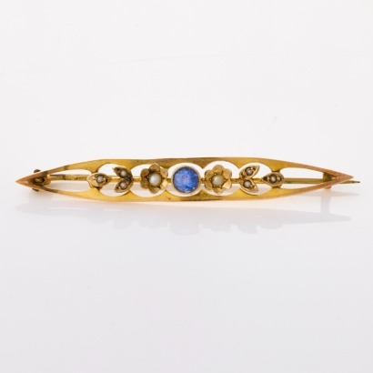 9ct Yellow Gold, Sapphire / Seed Pearl Victorian Bar Brooch