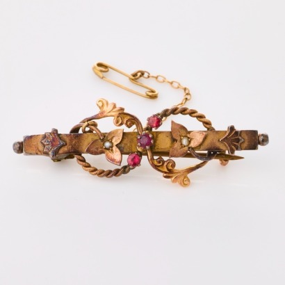 9ct Rose Gold, Ruby / Seed Pearl Victorian Bar Brooch