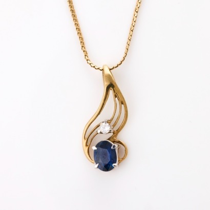 9ct Yellow Gold, Modern, Oval Sapphire / .05ct Diamond Pendant Necklace