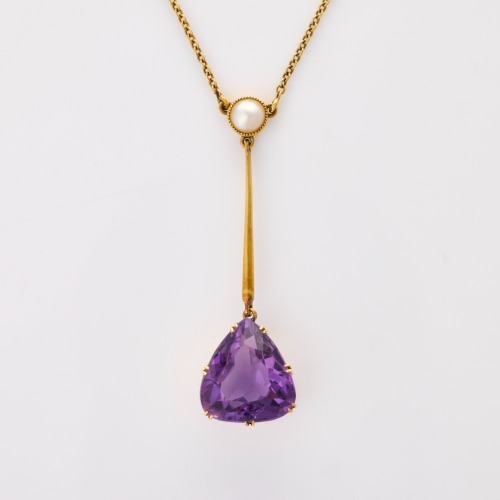 15ct Yellow Gold, 41cm Victorian, 7.00ct Triangular Amethyst / Pearl Necklace