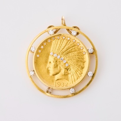 18ct Yellow / White Gold, 0.48ct Diamond Brooch-Pendant with United States Indian Head $10 Gold Coin (1932)