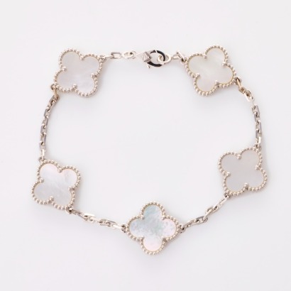 Van Cleef & Arpels. 18ct White Gold, Mother-of-Pearl Vintage Alhambra 5-Motif Bracelet with Box