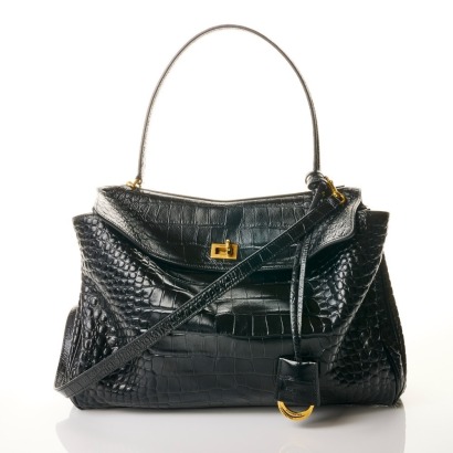 Balenciaga, Black Crocodile Embossed Leather Rodeo Bag