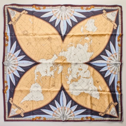 Louis Vuitton, 100% Silk Navy / Beige Map Square Scarf with Box