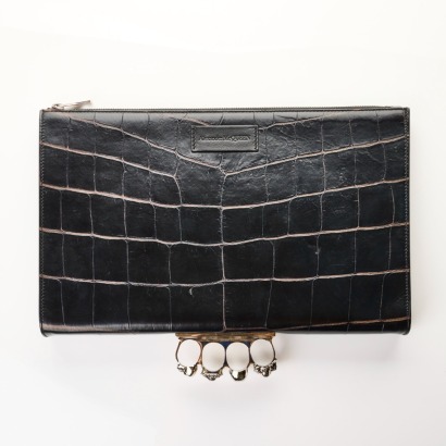 Alexander McQueen, Black Croc Embossed Leather Skull Knuckle Clutch with Box
