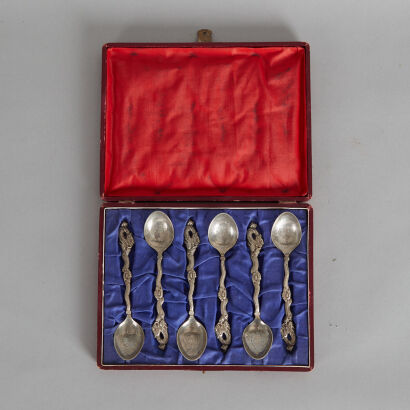 A Set of Six Carved Silver Culeries with dragon handles (Shanghai Mark)