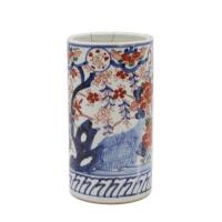 A Japanese Meiji Period Blue and White Gilt Famille Verte Brush Pot (Cracks)