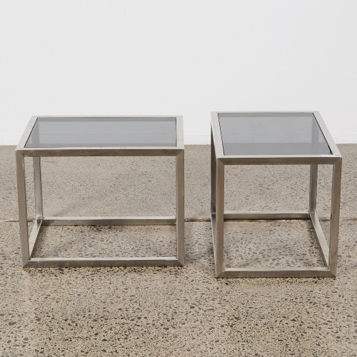 A Pair of Stainless Side Tables With Frosted Glass Tops Af