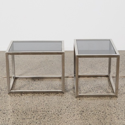 A Pair of Stainless Side Tables With Frosted Glass Tops Af