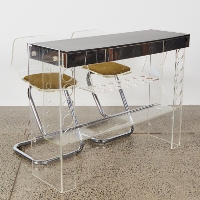 A Vintage Luigi Bardini Lucite And Chrome Mirrored Bar And Stools, Italy