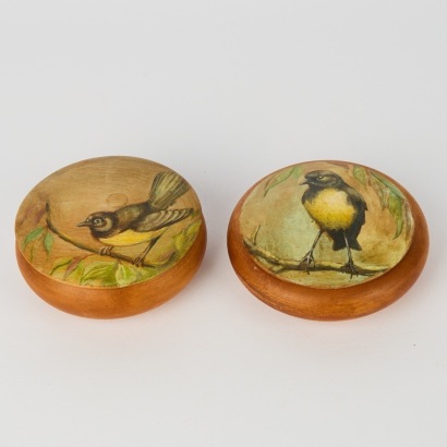 A Pair of Vintage Wood Turned Trinket Boxes with Bird Motif