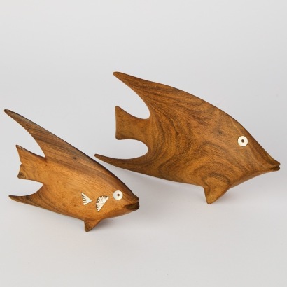 A Pair of Solomon Islands Wooden Fish with Mother of Pearl Inlay