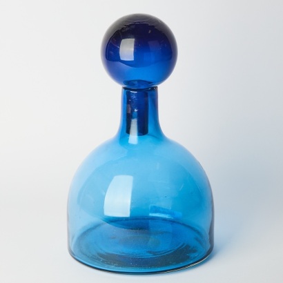A Vintage Hand Blown Blue Glass Bottle With Large Stopper