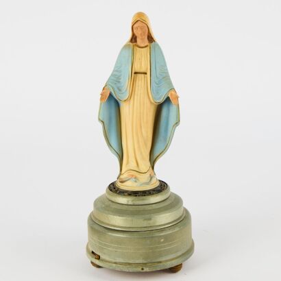 A Early Moulded Plastic Virgin Mary Statuette On Metal Base