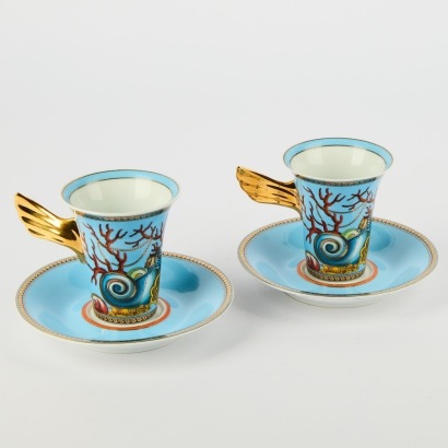 A Pair of Les Tresors De La Mer by Versace Tea Cups and Saucers by Rosenthal