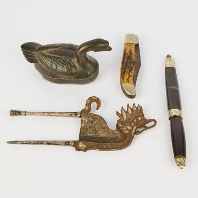 A Group of Four Objects Two Knives, Approximately One Hundred Bronze Ducks, and Four Small Decorative Swords