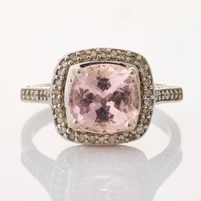 9ct White Gold, Modern, 0.58ct Diamond / Cushion Cut Morganite Ring
