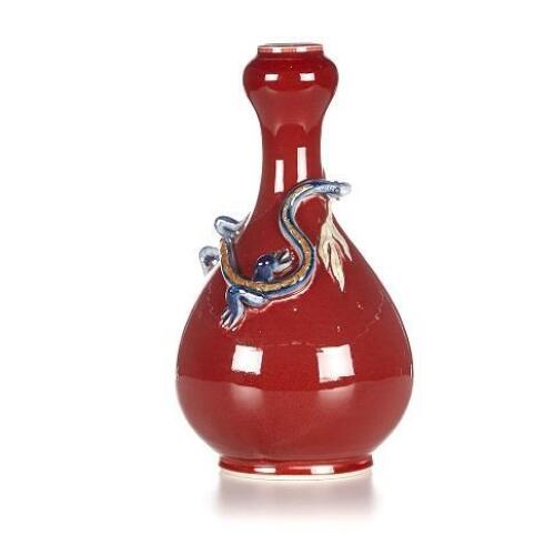 A Chinese Red Glazed Garlic-Mouth 'Dragon' Vase