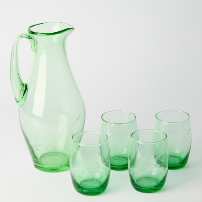 A Vintage Green Glass Floral Jug and Four Glass Set