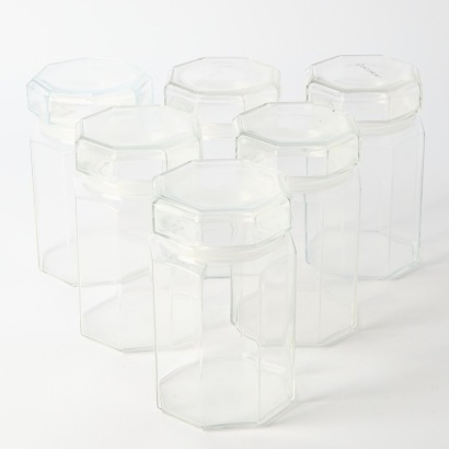 A Set of Six Retro Hexagonal Glass Kitchen Storage Jars