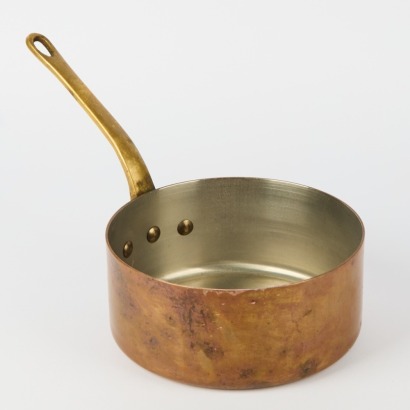 A Vintage French 7in Copper Saucepan With Brass Handle