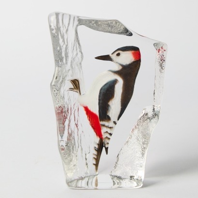 A Woodpecker Clear Lead Crystal Sculpture by Mats Jonasson for Maleras
