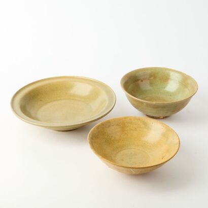 A Group of Three Chinese Ming Dynasty Longquan Celadon Bowls and Dishes