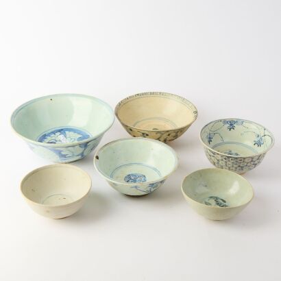 A Group of Six Chinese Ming Dynasty Blue and White Pieces