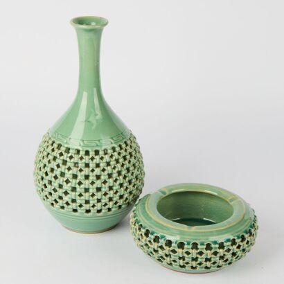A Korean Celadon Vase AND A Korean Celadon Ashtray