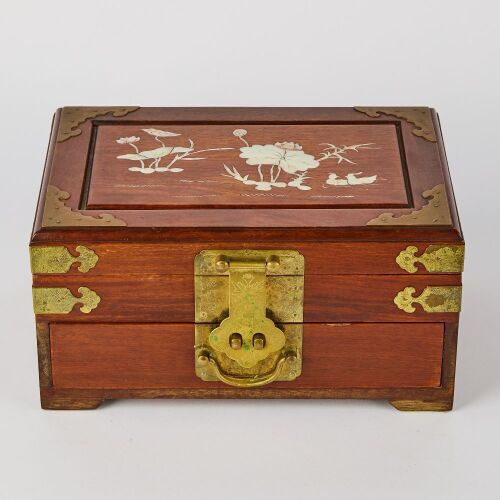 A Chinese Early 20th Century Hardwood &lsquo;Floral&rsquo; Jewelry Box Inlaid with Mother of Pearl