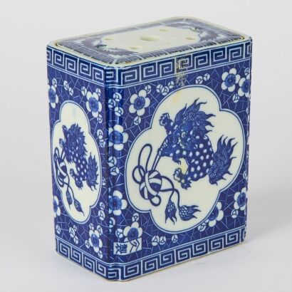 A Chinese Early 20th Century Blue and White &ldquo;Lion&rdquo; Porcelain Pillow