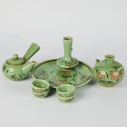 A Set of Eight Chinese Celadon &lsquo;Lotus&rsquo; Tea Set