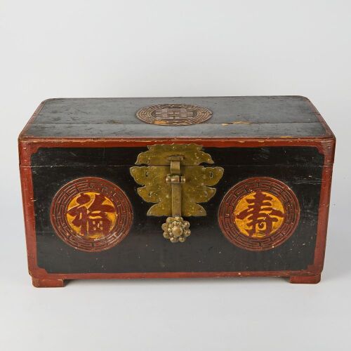 A Chinese 19th Century Wooden Box With &ldquo;Fu Shou Xi&rdquo; Characters