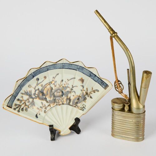 A Chinese Early 20th Century Paktong Pipe and Porcelain Dish