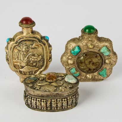 A Set of Two Chinese Silver-plated Snuff Bottles AND A Small Round Box