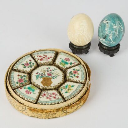 A Chinese Famille-rose Silver-mounted Small Box AND Two Jade Colored Eggs