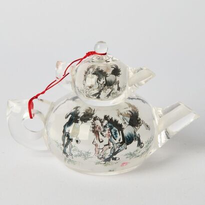 A Chinese Inner-painted 'Galloping Horses' Crystal Glass Nested Teapot Sets