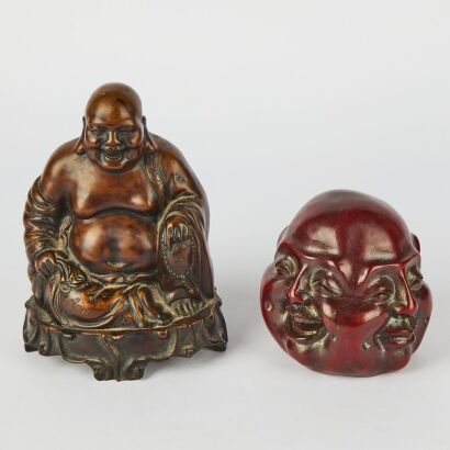 A Chinese Resin Maitreya Figure AND A Chinese Resin Four Faced Buddha Heads