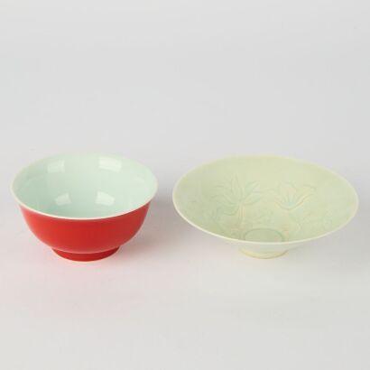A Chinese Red-glazed Bowl AND A Chinese Yingqing-glazed Conical Bowl