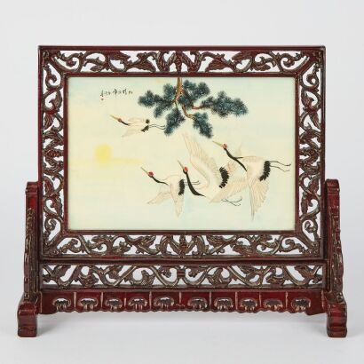 A Chinese Porcelain Plaque 'Cranes' Table Screen